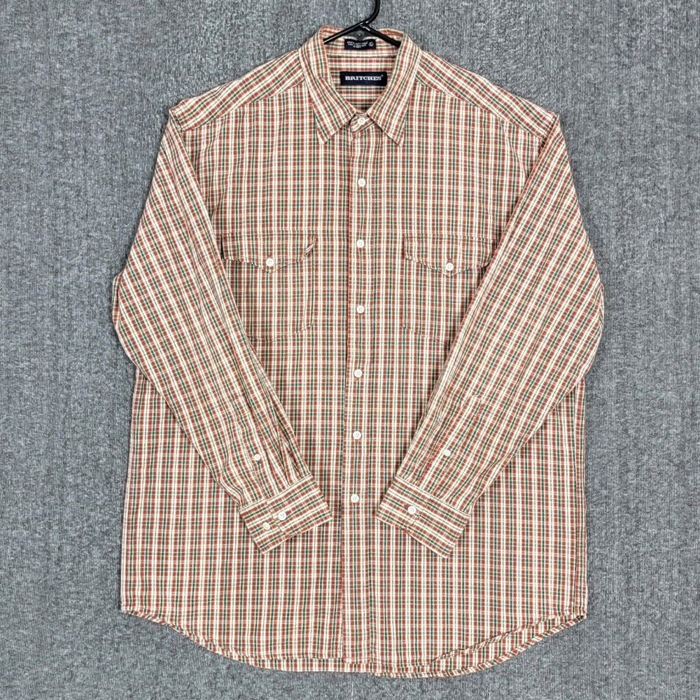 Britches Shirt Mens XL Brown Green Plaid Check Long Sleeve Button Up